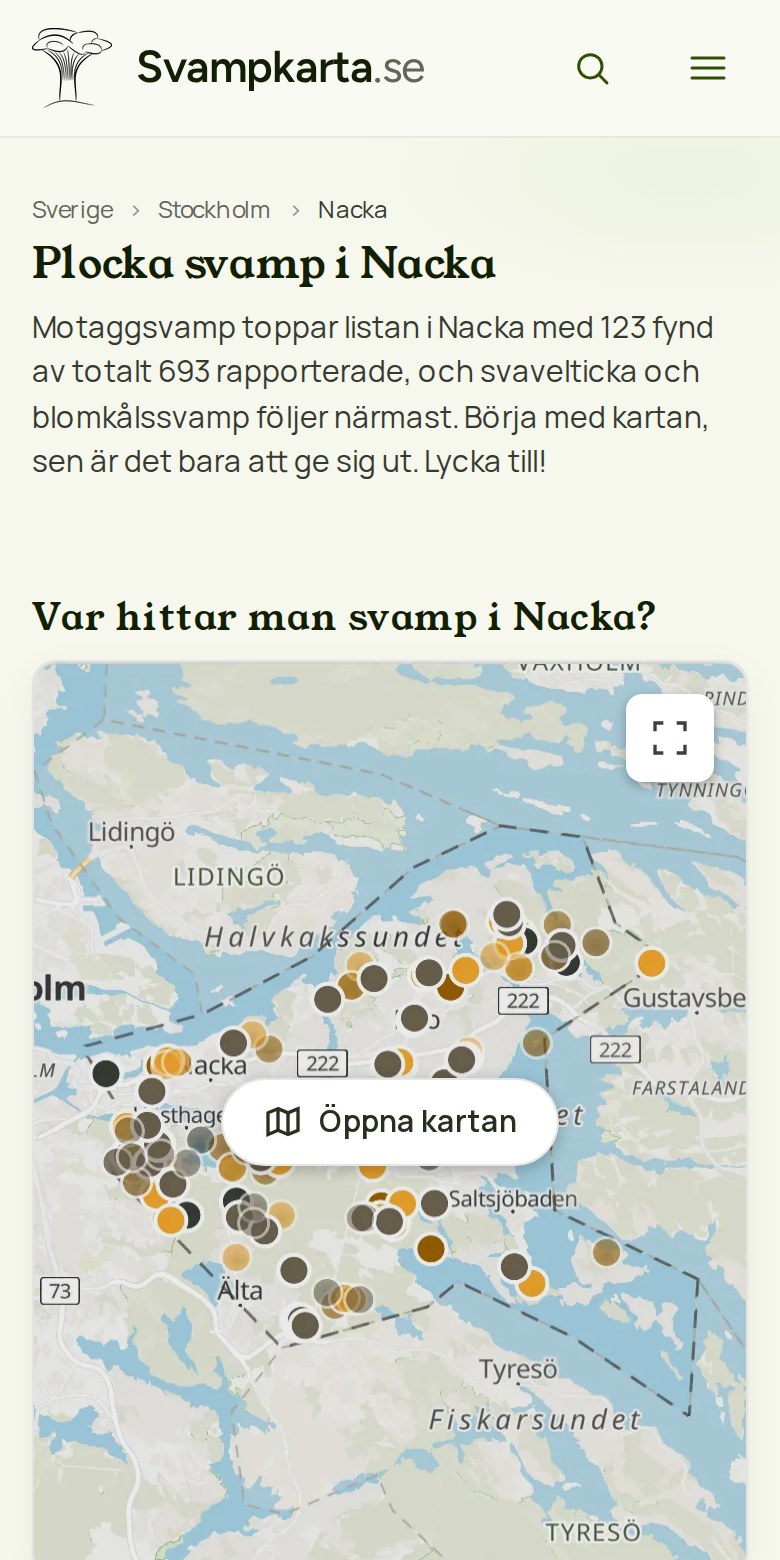 Skärmdump: kartvy på Svampkarta, mobil 390 px