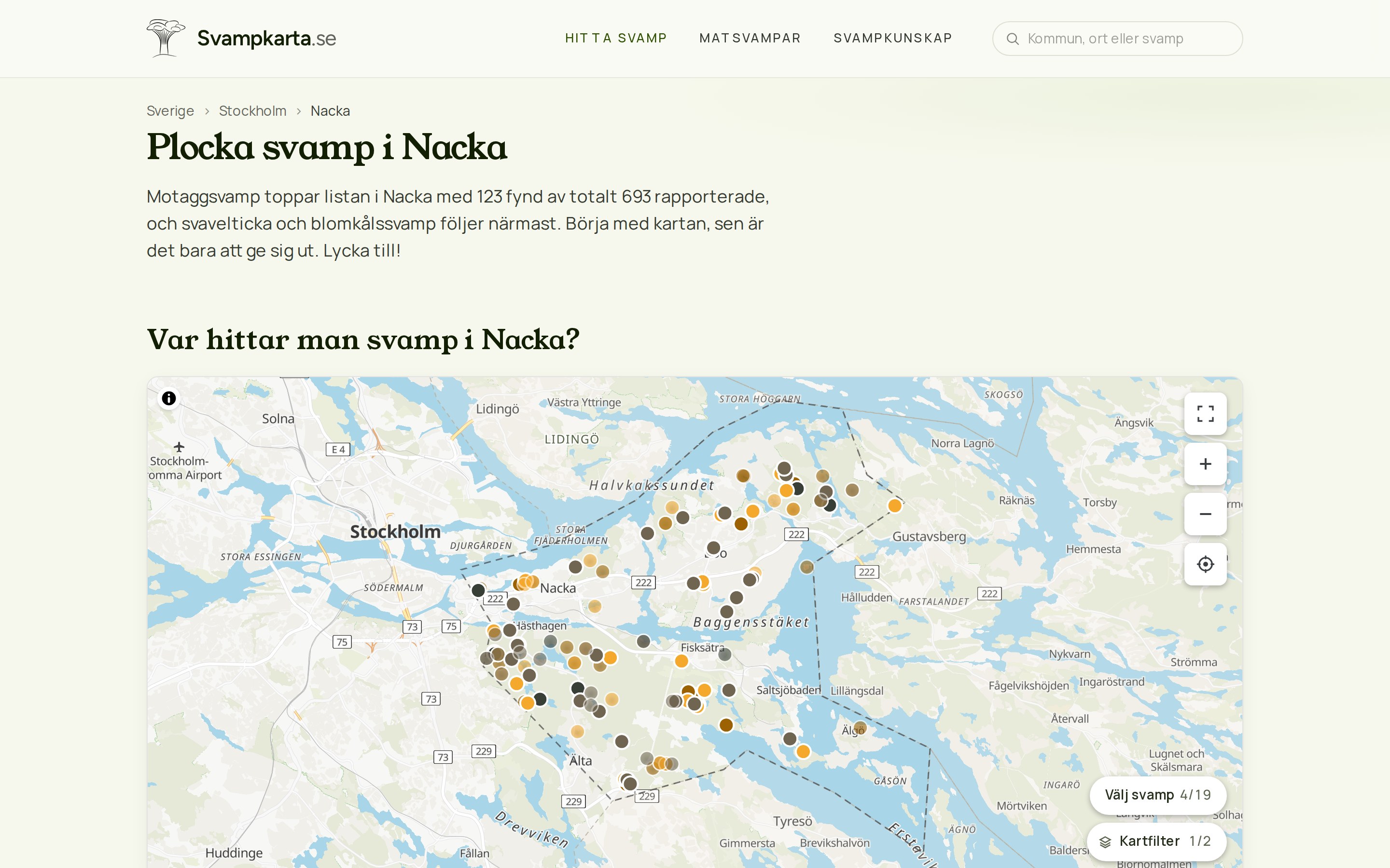 Skärmdump: kommunsida på Svampkarta, desktop 1440 px